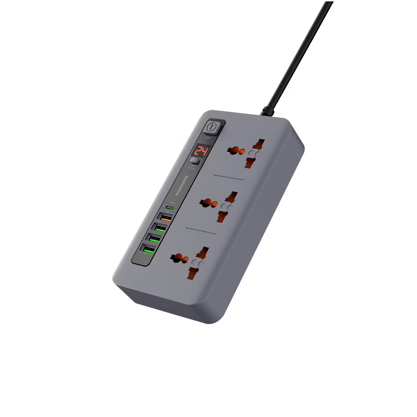 Porodo 3 AC 4 USB-A & USB-C PD 20W Multi-Port Super Hub 2M UK Gray - سيار كهربائي 3000 واط مع منافذ متعددة للشحن 20 واط من بورودو رمادي