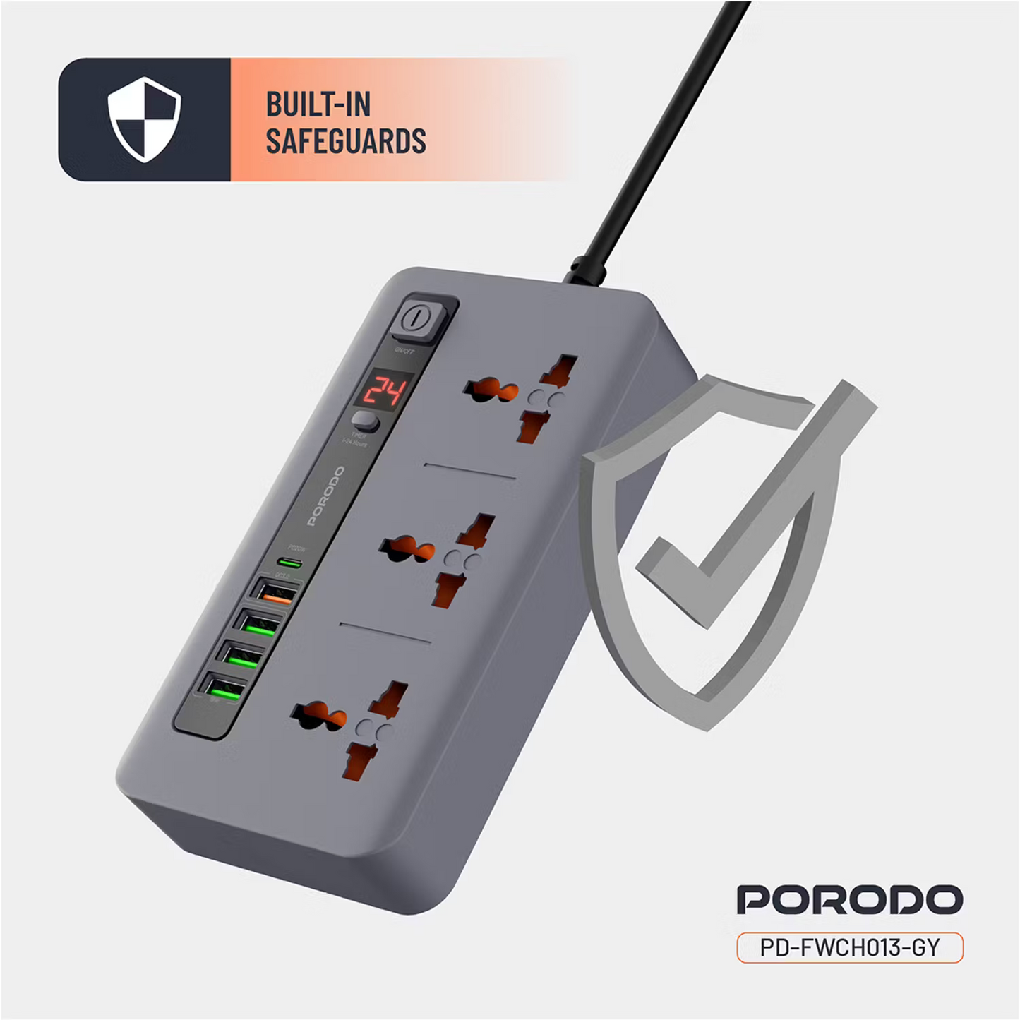 Porodo 3 AC 4 USB-A & USB-C PD 20W Multi-Port Super Hub 2M UK Gray - سيار كهربائي 3000 واط مع منافذ متعددة للشحن 20 واط من بورودو رمادي