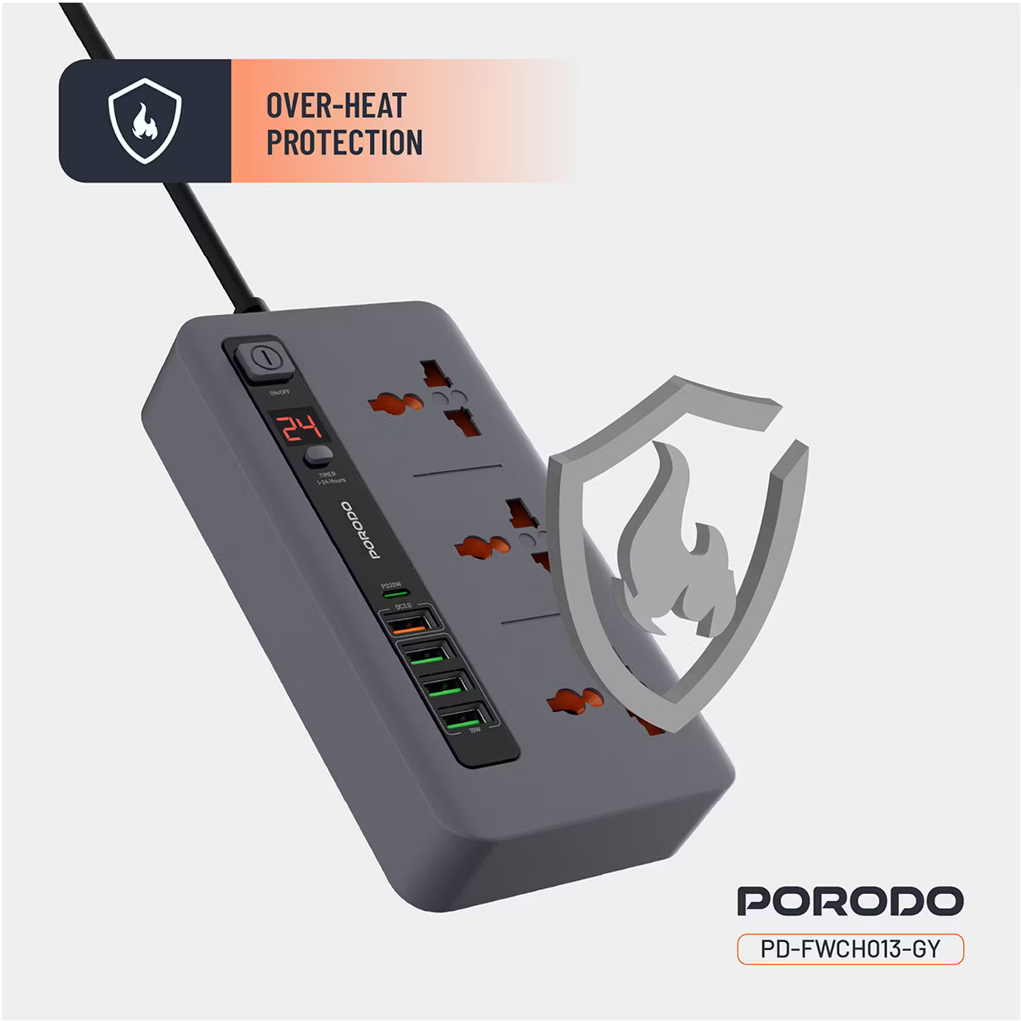 Porodo 3 AC 4 USB-A & USB-C PD 20W Multi-Port Super Hub 2M UK Gray - سيار كهربائي 3000 واط مع منافذ متعددة للشحن 20 واط من بورودو رمادي