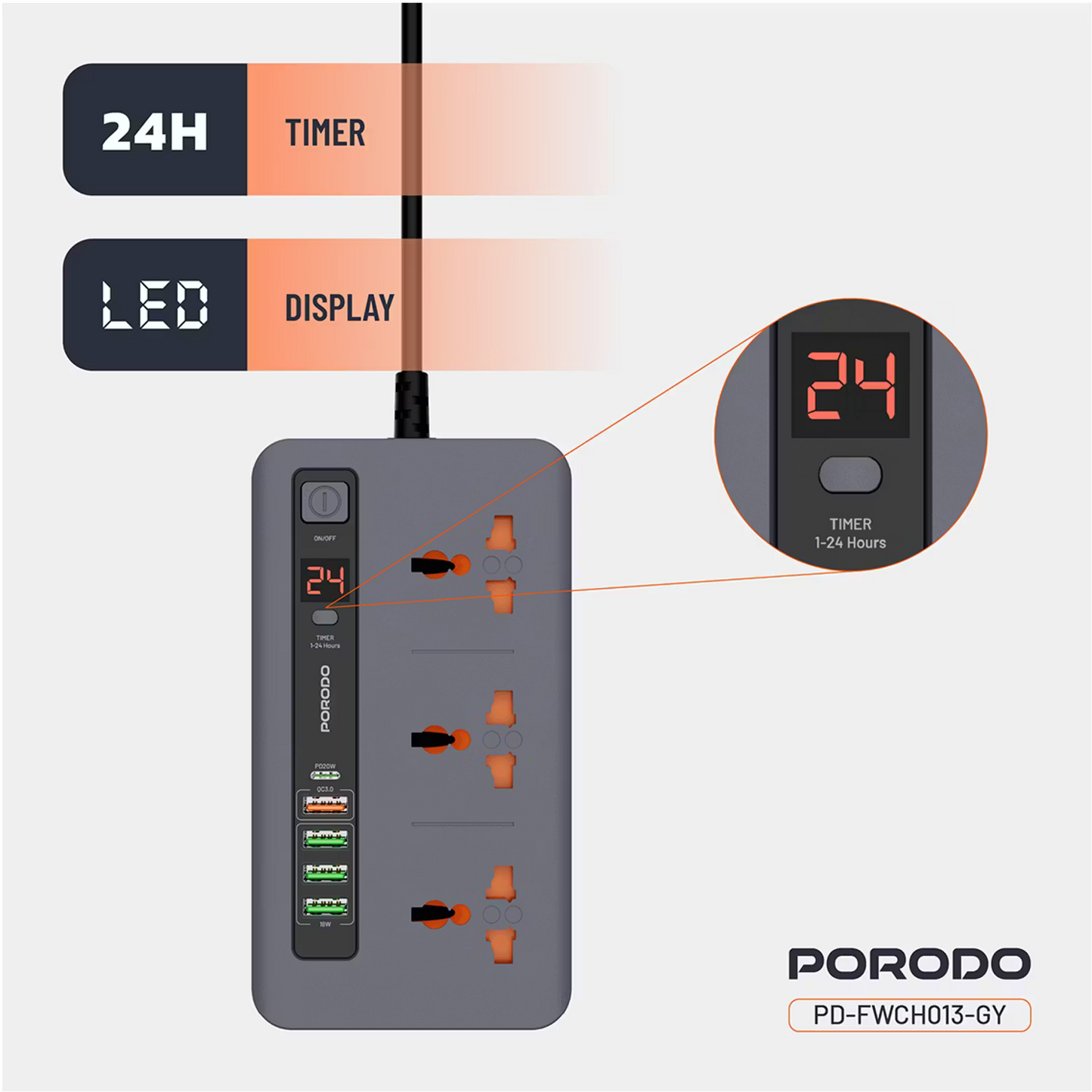 Porodo 3 AC 4 USB-A & USB-C PD 20W Multi-Port Super Hub 2M UK Gray - سيار كهربائي 3000 واط مع منافذ متعددة للشحن 20 واط من بورودو رمادي