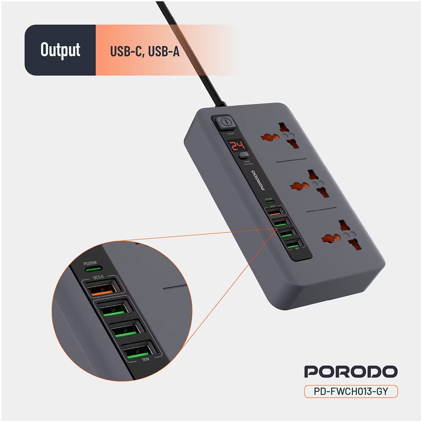 Porodo 3 AC 4 USB-A & USB-C PD 20W Multi-Port Super Hub 2M UK Gray - سيار كهربائي 3000 واط مع منافذ متعددة للشحن 20 واط من بورودو رمادي