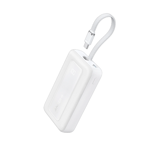 Anker Power Bank 10K 30W Built-In USB-C Cable White - باوربنك 10000 ملي امبير مع كيبل تايب سي مدمج 30 واط وشاشة رقمية من انكر ابيض