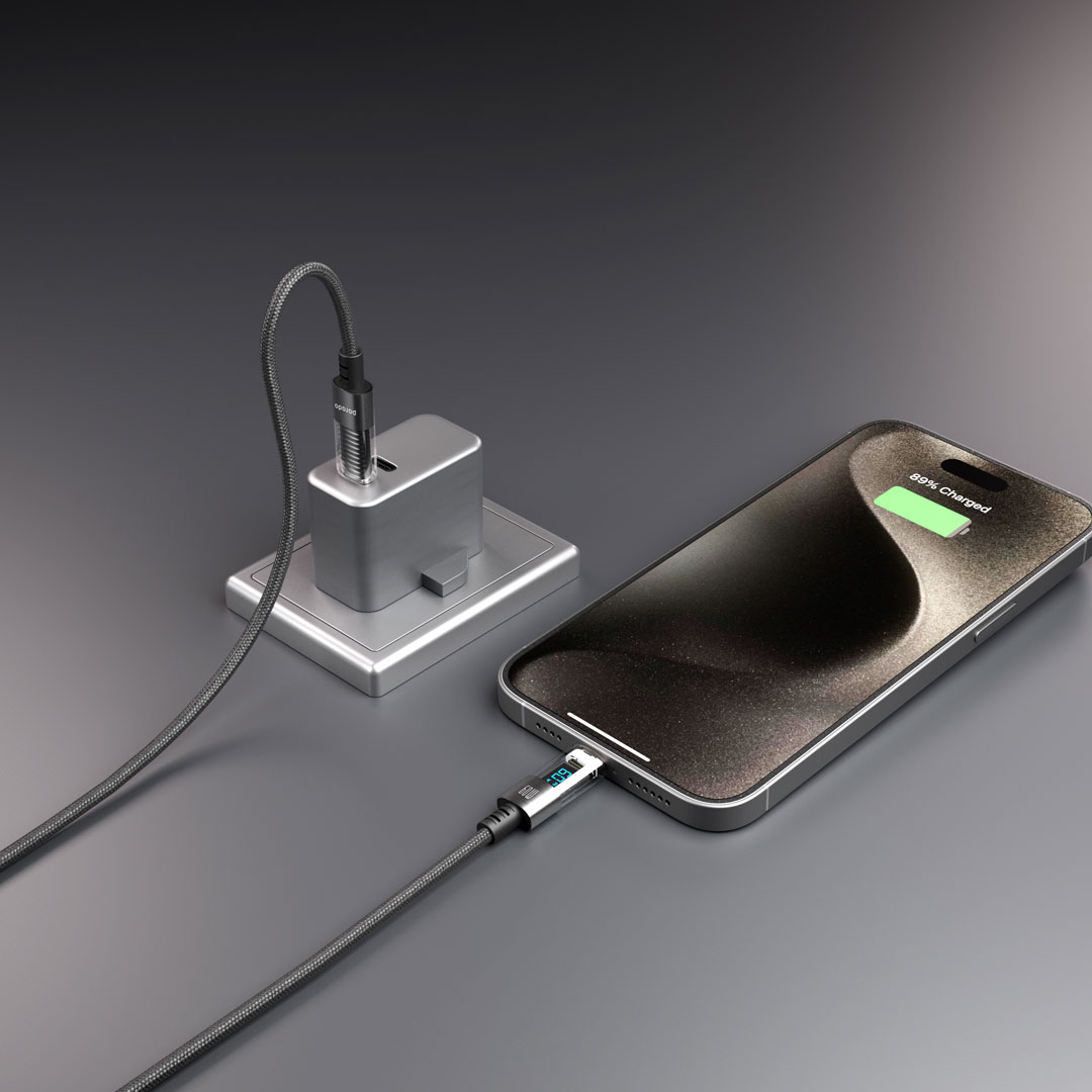 Porodo 60W Type-C to Type-C Braided Cable with PD Display 1.2M Black - كيبل تايب سي تايب سي 60 واط من بورودو