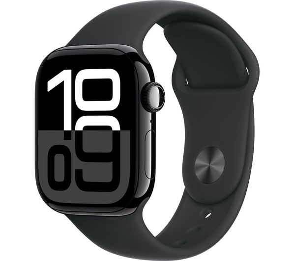 Watch Series 10 GPS 42mm Jet Black Aluminium Case with Black Sport Band M/L - ساعة ابل ووتش سيريس 10 بحجم 42 ملم تصميم أنيق بعلبة ألومنيوم أسود وسوار رياضي أسود مقاس متوسط وكبير