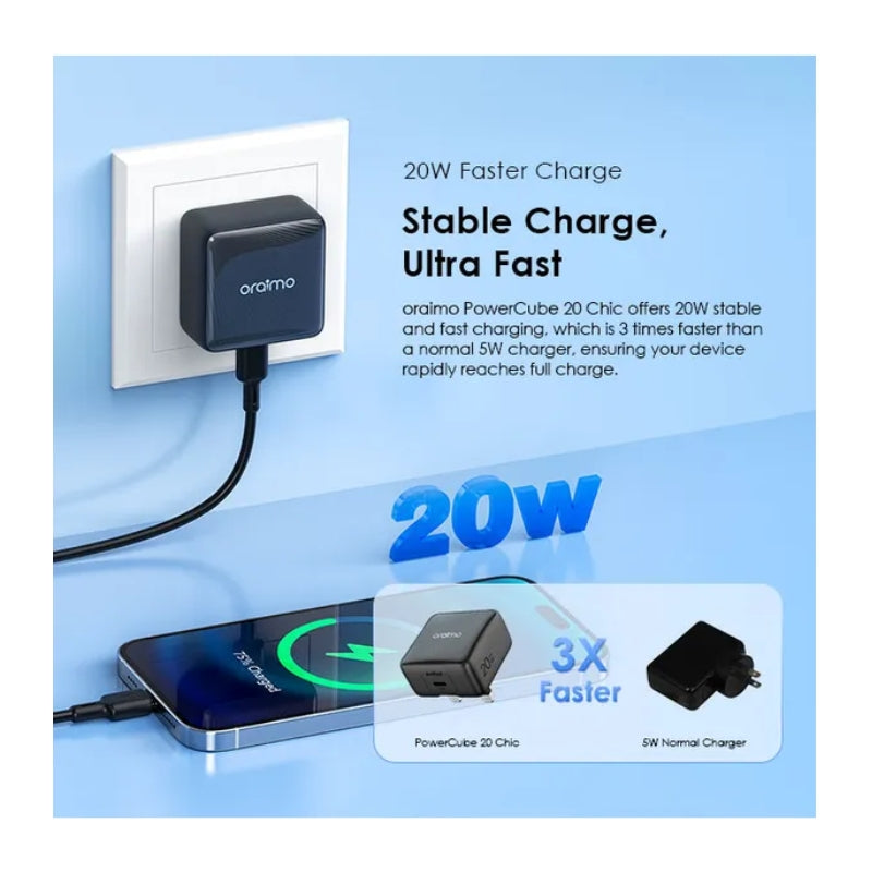Oraimo PowerCube 20 Chic 20W GaN Wall Charger with Type-C to Type-C Cable Black - شاحن 20 واط مع كيبل تايب سي تايب سي من اورايمو اسود