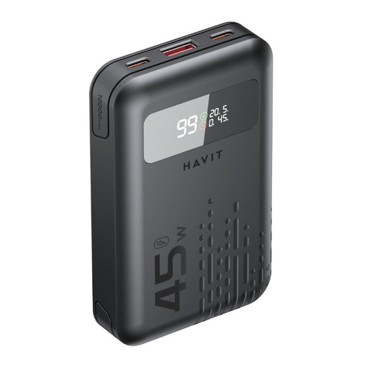 Havit PB5211 Power bank 10200mA 45W with 2 cable Black - باوربنك   10200 ملي امبير 45 واط مع شاشة رقمية من هافيت