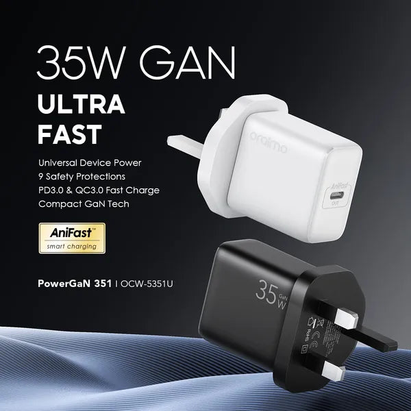 Oraimo Wall Charger USB-C Port 35W White - شاحن تايب سي 35 واط مع كيبل تايب سي تايب سي من اورايمو ابيض