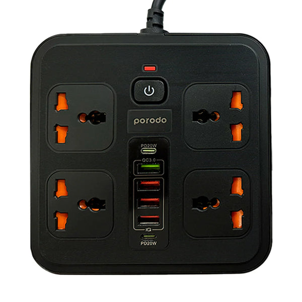 Porodo 3USB-A 2Type-C and 4AC Multiport Socket with UK Plug 3 Meter - سيار كهربائي مع منافذ متعددة للشحن من بورودو