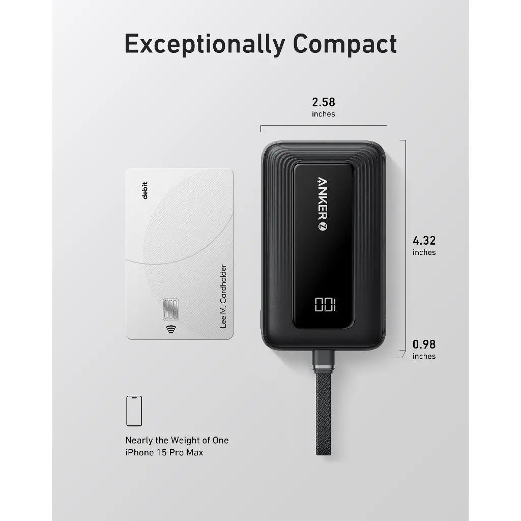 Anker Power Bank 10K 30W Built-In USB-C  Cable Black - باوربنك 10000 ملي امبير مع كيبل تايب سي مدمج 30 واط وشاشة رقمية من انكر اسود