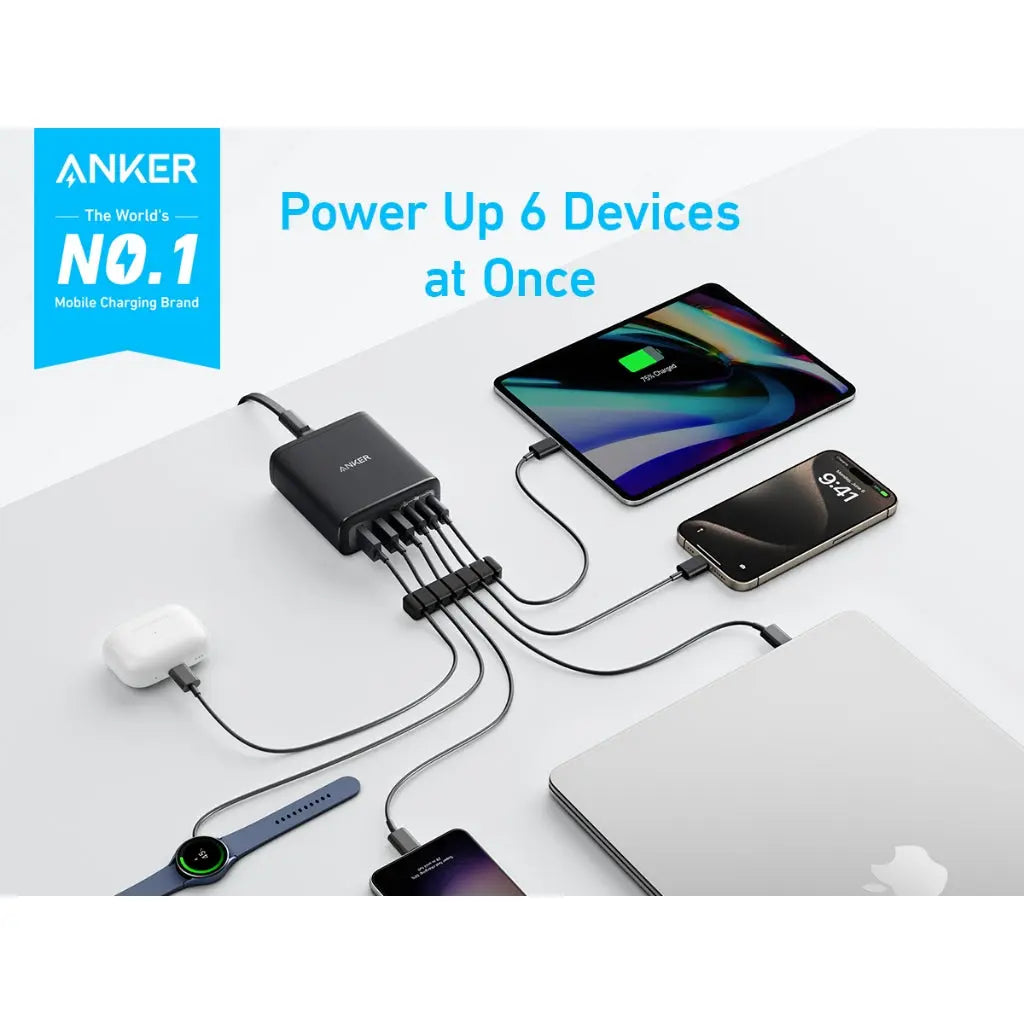 Anker Charger 112W 6-Ports 3A3C GaN UK Black - شاحن 112 واط متعدد المنافذ من انكر اسود