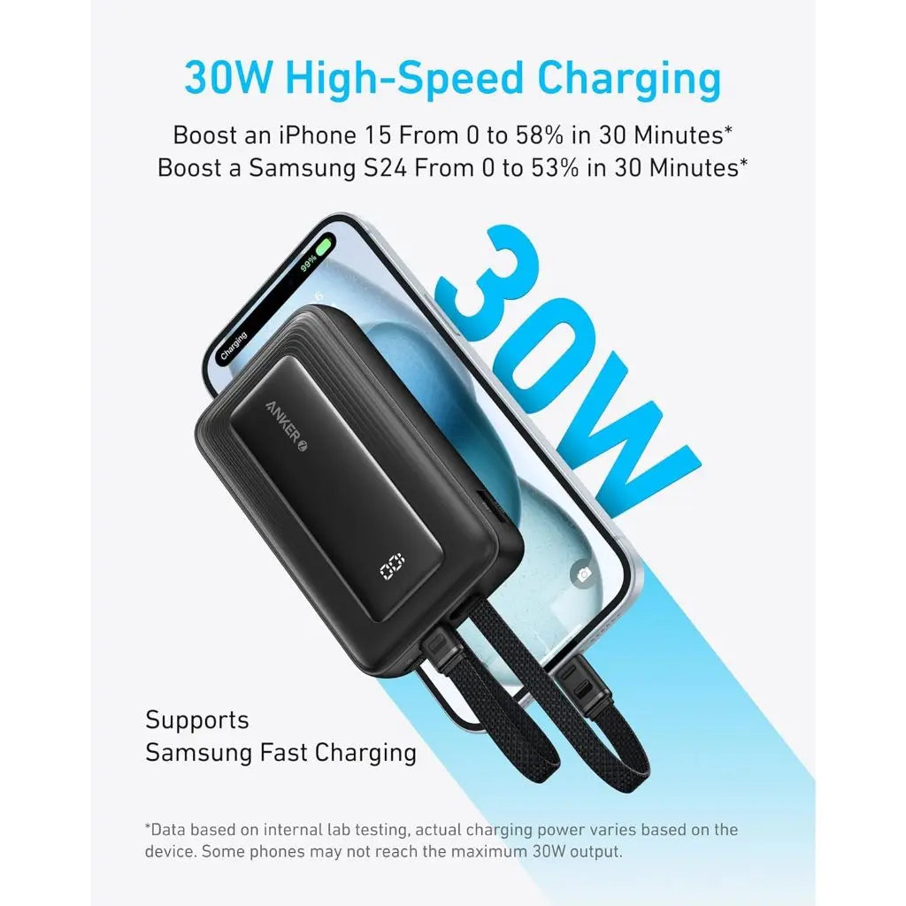 Anker Power Bank 10K mAh 30W Built-In USB-C+Lightning Cable - باوربنك 10000 ملي امبير مع كيبلان (تايب سي - لايتننغ) مدمجان  30 واط وشاشة رقمية من انكر