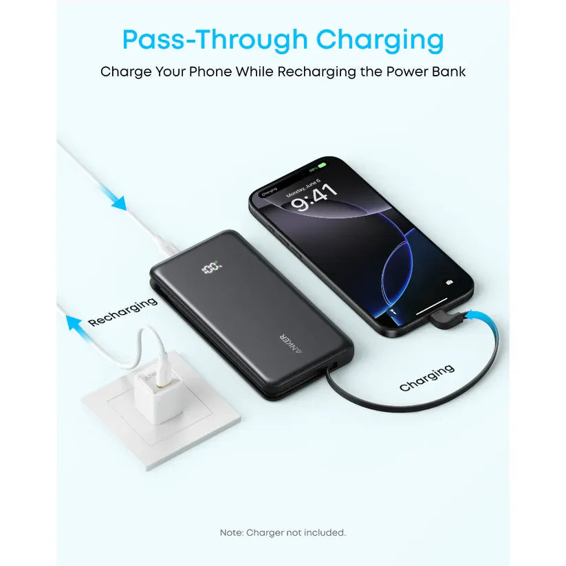 Anker Zolo Power Bank 10K 22.5W Built-In USB-C Cable Black - باوربنك 10000 ملي امبير 22.5 واط مع كيبل تايب سي مدمج من انكر اسود