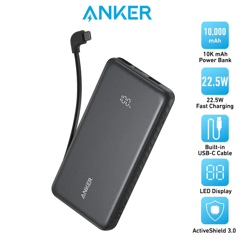 Anker Zolo Power Bank 10K 22.5W Built-In USB-C Cable Black - باوربنك 10000 ملي امبير 22.5 واط مع كيبل تايب سي مدمج من انكر اسود