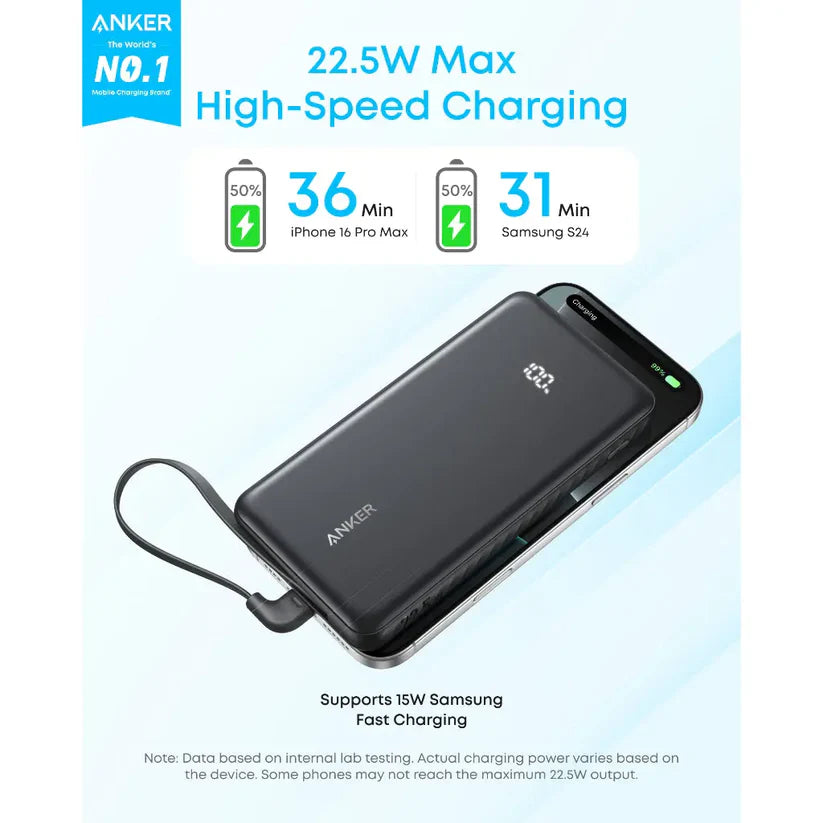 Anker Zolo Power Bank 10K 22.5W Built-In USB-C Cable Black - باوربنك 10000 ملي امبير 22.5 واط مع كيبل تايب سي مدمج من انكر اسود