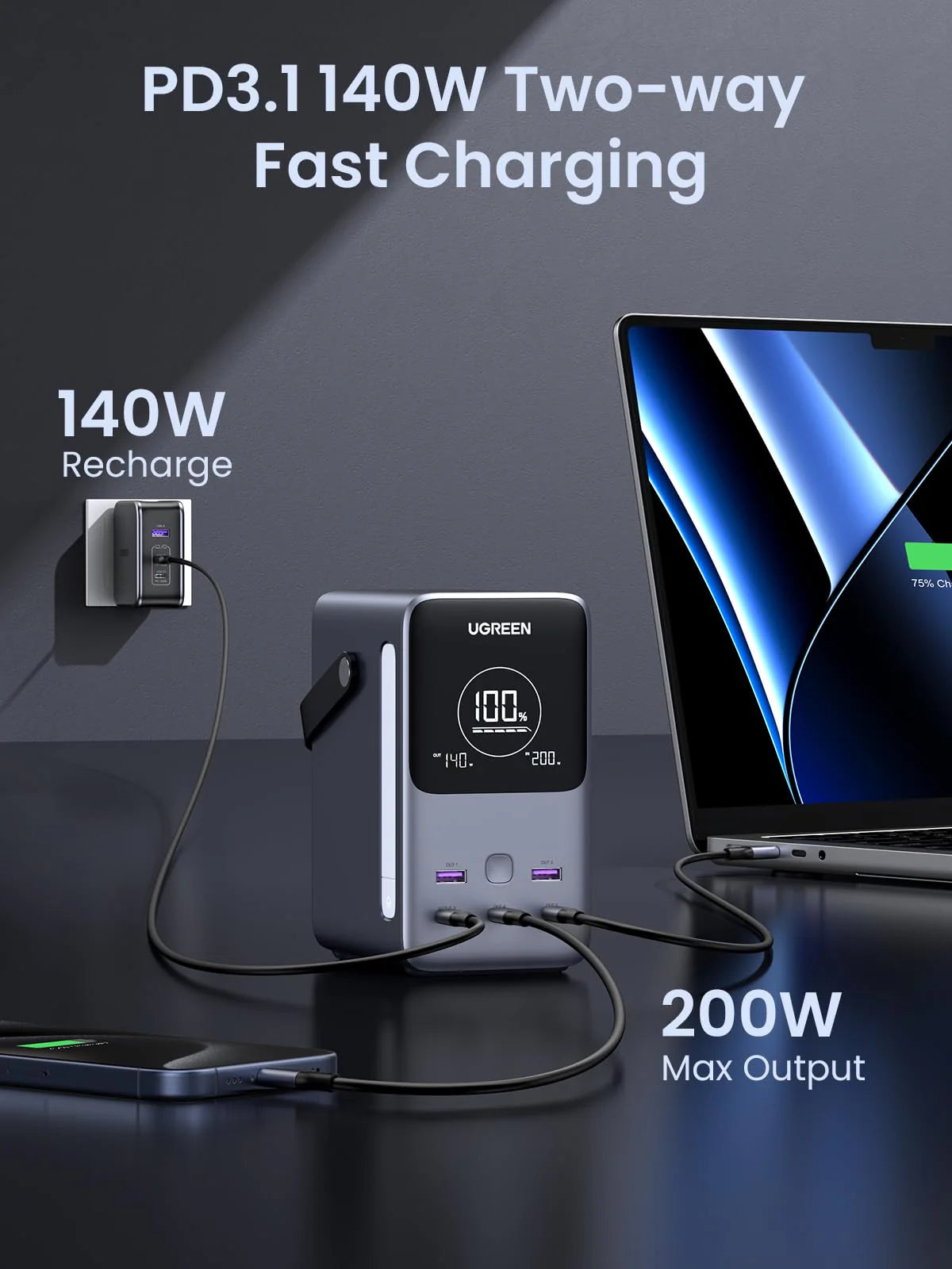 UGREEN PowerBank 48000mAh 300W With Smart Digital Display - باوربنك محمول 48000 ملي امبير 300 واط مع شاشة ذكية وإضاءة LED من يوكرين