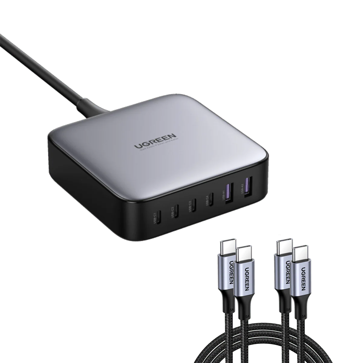 UGREEN Charger 6-Port GaN Desktop 200W With Cable Type-c To Type-c 100W 1M - شاحن 200 واط متعدد المنافذ مع كيبل تايب سي تايب سي 100 واط من يوكرين