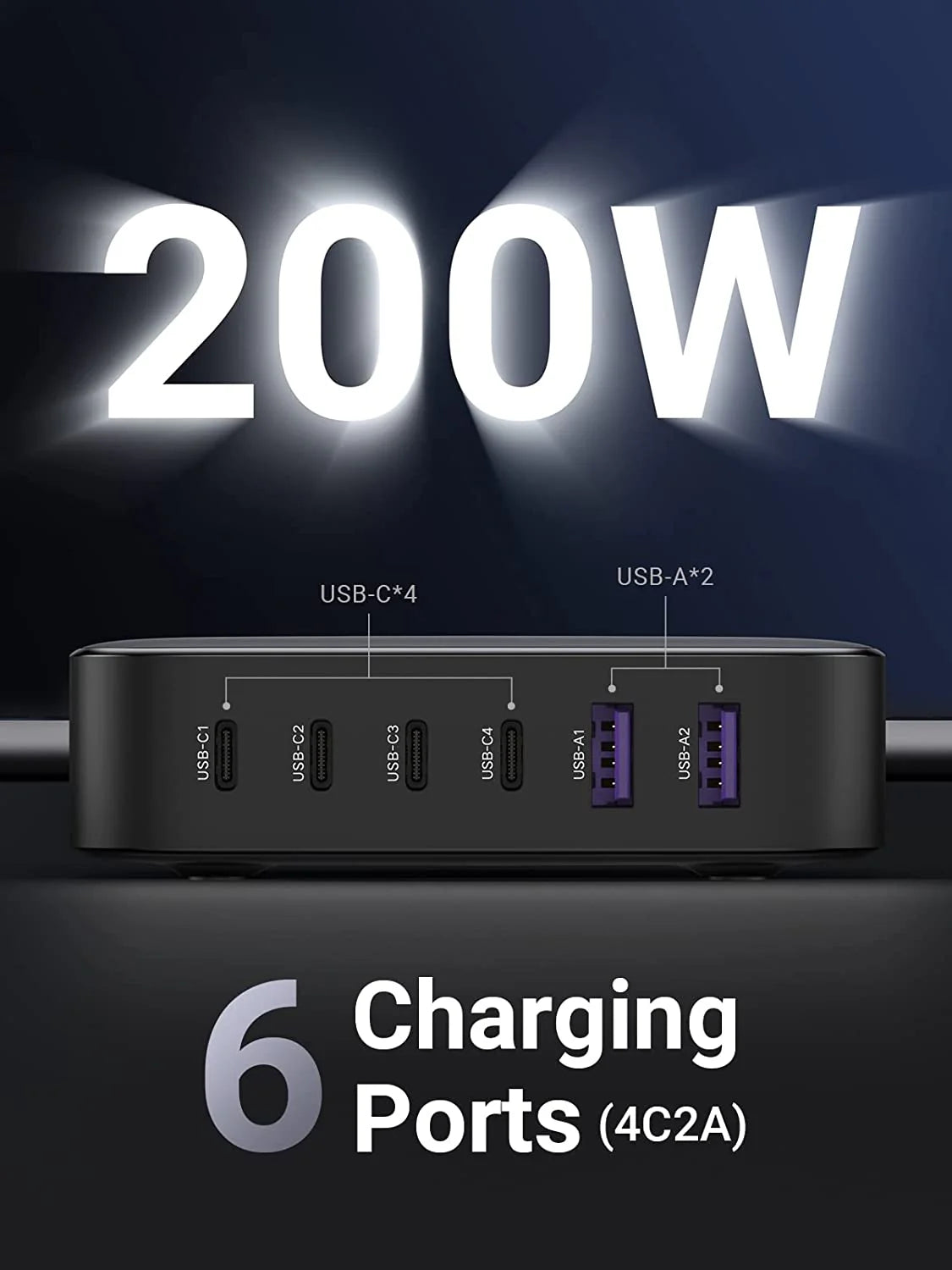 UGREEN Charger 6-Port GaN Desktop 200W With Cable Type-c To Type-c 100W 1M - شاحن 200 واط متعدد المنافذ مع كيبل تايب سي تايب سي 100 واط من يوكرين