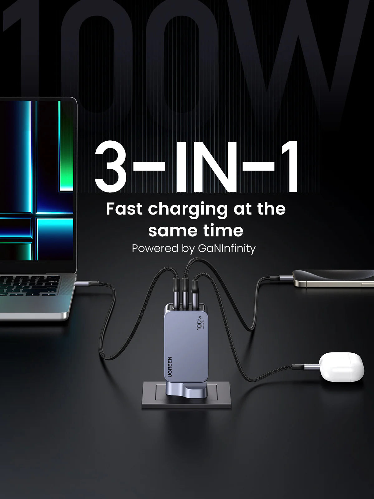 UGREEN Charger Nexode Pro Gan With Cable 100W 3-Port - شاحن 100 واط مع 3 منافذ وكيبل تايب سي تايب سي من يوكرين