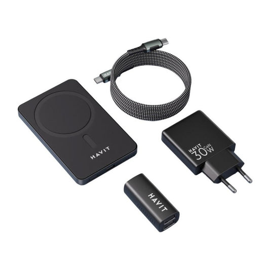 Havit 2024 gift kit EU Power bank black+gray - طقم هدايا باور بنك أسود ورمادي مع ملحقات شحن من هافيت اسود