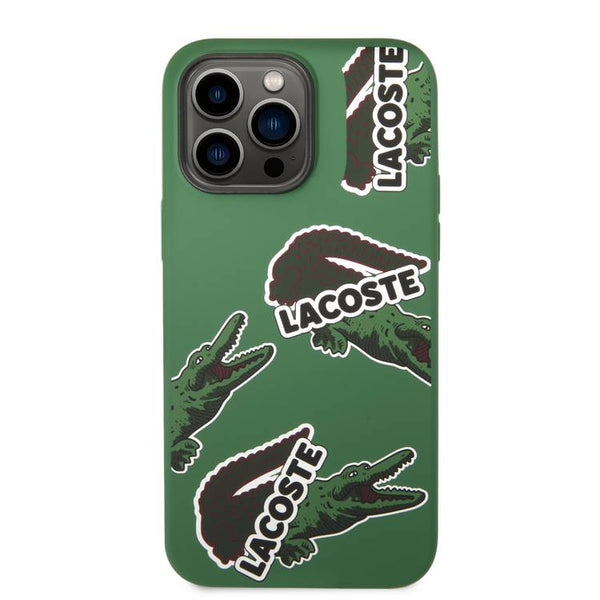 Lacoste Hard Case Liquid Silicone / Microfiber Allover Pattern Compatible with iPhone 14 Pro Max - Green- كفر لاكوست للايفون 14 برو ماكس