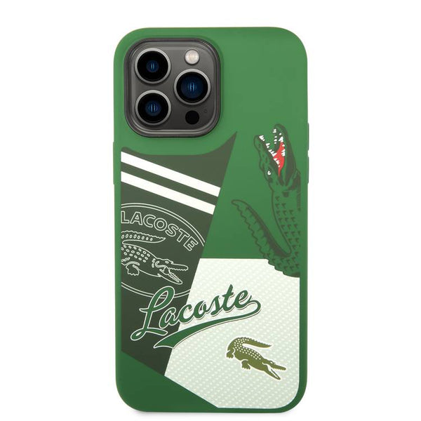 Lacoste Hard Case Liquid Silicone / Microfiber Patchwork iPhone 14 Pro Max - Green- كفر لاكوست للايفون 14 برو ماكس